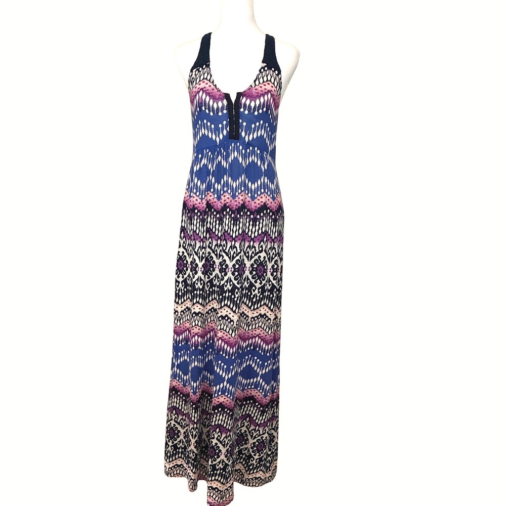 Lucky Brand Cotton Maxi Dress Blue Purple Ikat Boho Festival Indie Summer Small - Picture 2 of 11